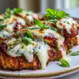 Four servings of Pesto Chicken Parmesan with fresh basil garnish and garlic bread slices.