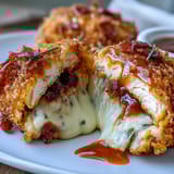 Golden-brown Buffalo Chicken Bacon Mozzarella Bombs fresh from the fryer, drizzled with extra buffalo sauce and garnished with crumbled bacon.