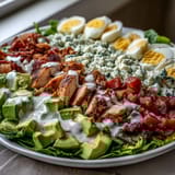 Freshly prepared Cobb Salad Bowl featuring juicy chicken, crunchy bacon, ripe tomatoes, and tangy blue cheese.