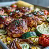 A colorful one-pan dinner of tender chicken, roasted zucchini, and caramelized corn, seasoned with smoked paprika and fresh herbs.  
