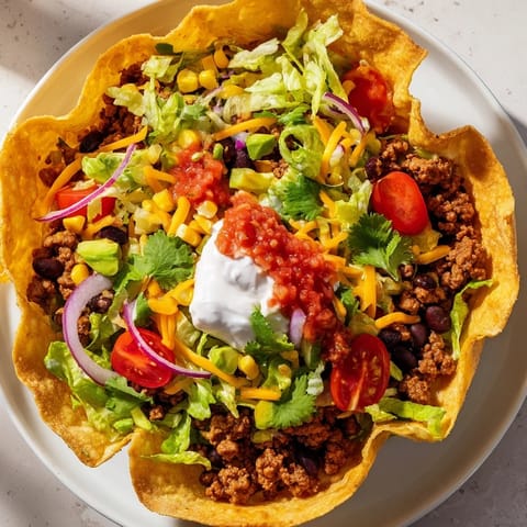 This image shows a delicious taco salad brimming with seasoned beef and fresh ingredients.