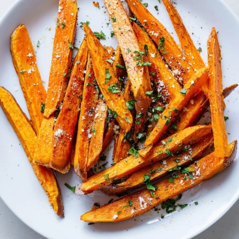 Freshly baked sweet potato fries with a sprinkle of parsley, a perfect side dish.