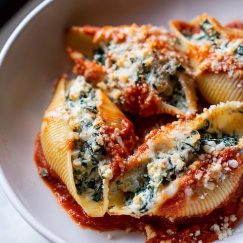Golden-brown Stuffed Shells, bubbly with mozzarella, sit in a rich tomato sauce, ready to serve.