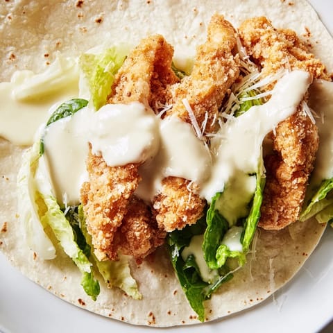 Crispy Chicken Caesar Wrap on a plate with a side of lemon wedges, showcasing melted Parmesan cheese.