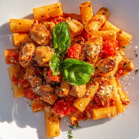 Tender chicken and al dente penne in a vibrant tomato basil sauce, garnished with fresh basil and Parmesan.