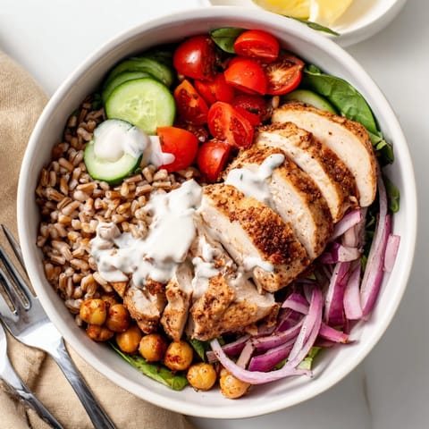Roasted chicken, crisp greens, and lemon tahini sauce create a vibrant bowl full of Mediterranean flavors.