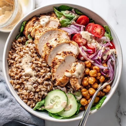 Juicy chicken slices and golden chickpeas top hearty farro with fresh veggies and a tangy tahini drizzle.