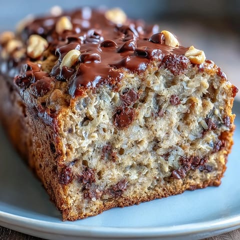 A freshly baked Chocolate Chip Peanut Butter Oatmeal Banana bread loaf, sliced to reveal a moist crumb with melted chocolate and oats.