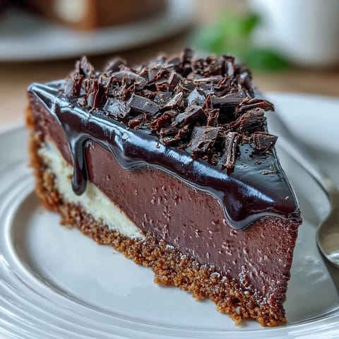A slice of chocolate cottage cheese cheesecake on a white plate with dark chocolate shavings and a dollop of Greek yogurt topping.