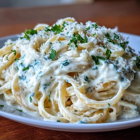 Close-up of Easy Creamy Cauliflower Alfredo sauce coating fettuccine, highlighting its velvety texture in a white ceramic bowl.  