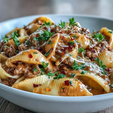 One Pot Creamy Beef and Shells features tender pasta shells coated in a hearty, cheesy tomato sauce with savory ground beef.  