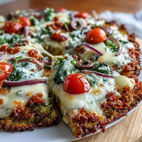 Slices of low-carb Broccoli Chicken Crust Pizza with melted mozzarella, cherry tomatoes, and olives.
