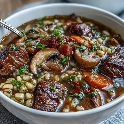 Steaming Beef and Barley Soup with Mushrooms in a rustic bowl, garnished with fresh parsley and served alongside crusty artisan bread.