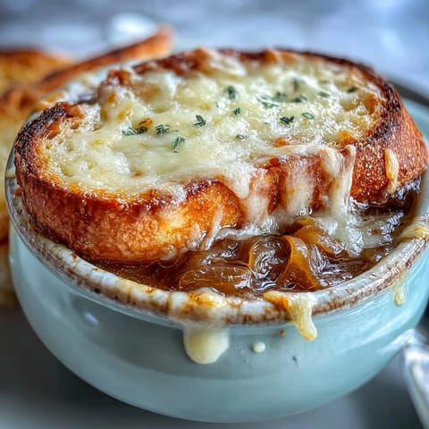 Classic French Onion Soup is served hot in a rustic ceramic bowl, featuring a thick, melted cheese layer and savory broth with tender onions.