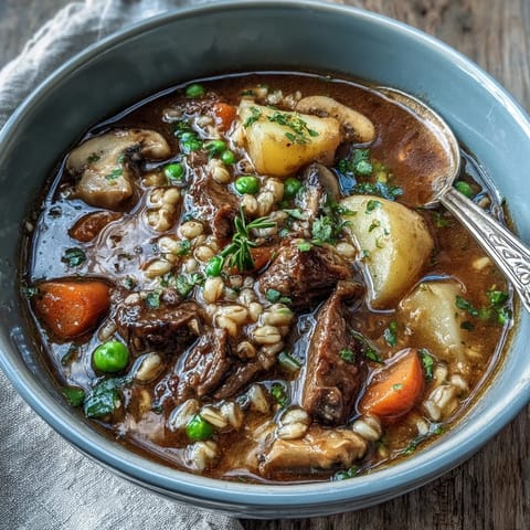 Rustic bowl of Beef and Barley Soup with chunky vegetables, perfect for a cozy weeknight family dinner.