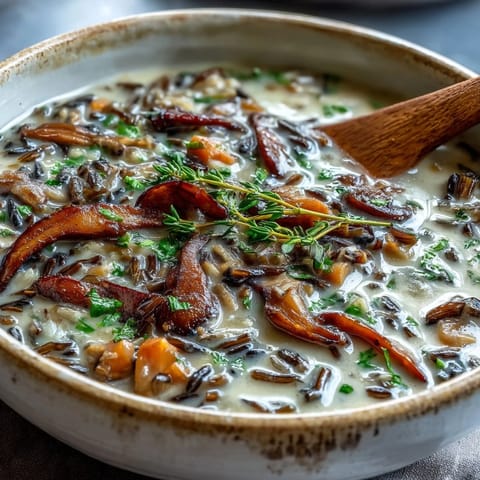Hearty Wild Rice Mushroom Soup served hot in a rustic ceramic bowl.