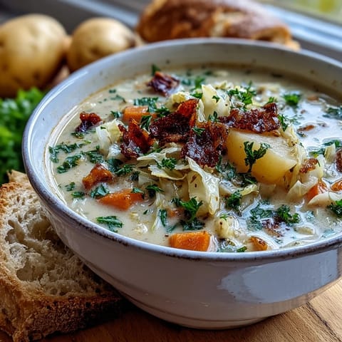 Creamy Potato Soup with Cabbage simmering in a large pot with wooden spoon nearby. 