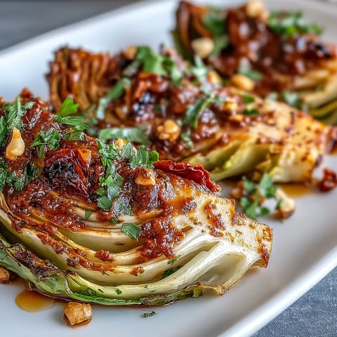 Colorful platter of baked cabbage salad with Winter Romesco, served with lemon wedges.