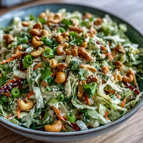 Vibrant Asian Cabbage Salad topped with roasted cashews and sesame seeds, perfect as a vegan side dish for grilled meats.