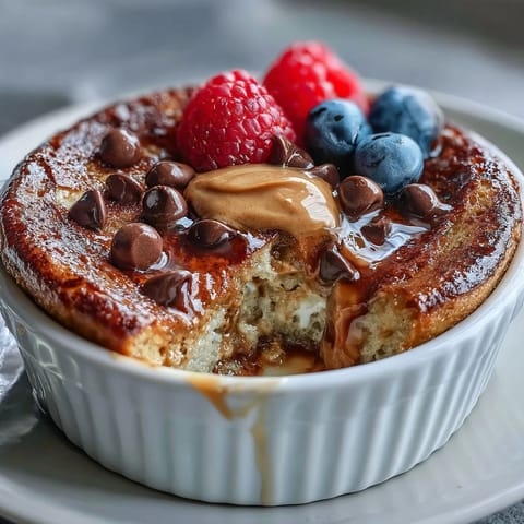 Freshly baked Baked Protein Pancake Bowl topped with creamy peanut butter and sliced strawberries, served warm in a white ramekin.