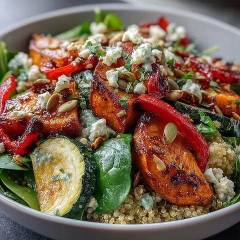 Vibrant warm salad bowl with roasted sweet potatoes, peppers, and quinoa topped with wilted spinach and crumbled feta. 