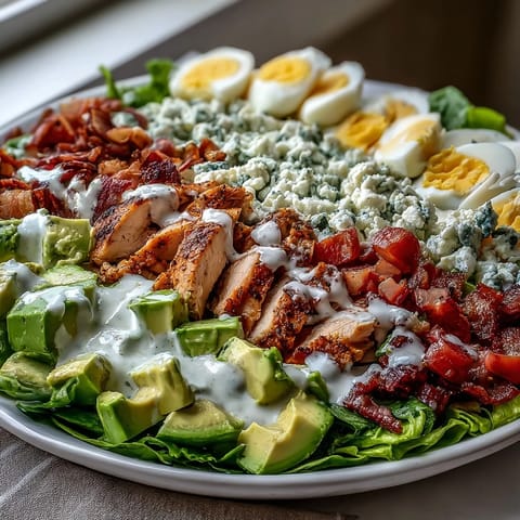 Freshly prepared Cobb Salad Bowl featuring juicy chicken, crunchy bacon, ripe tomatoes, and tangy blue cheese.