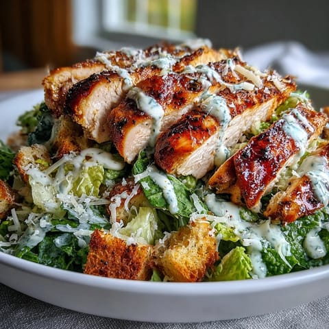 A close-up of a Caesar Chicken Bowl shows golden croutons, shaved parmesan, and grilled chicken over fresh romaine with creamy dressing.  