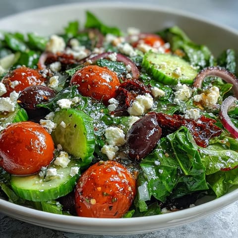 Fresh Mediterranean salad bowl featuring colorful vegetables, briny olives, and creamy feta, drizzled with zesty homemade Greek dressing.  