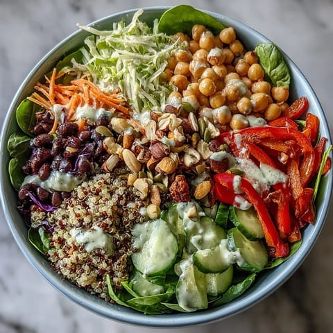 1. Rainbow Salad Bowl featuring colorful fresh vegetables, hearty grains, and crunchy nuts tossed in a zesty lemon dressing.  