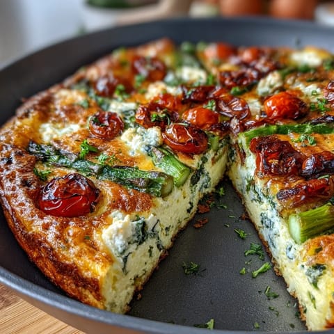 Spring Veggie Frittata with Asparagus and Goat Cheese: a golden, fluffy dish loaded with tender spring vegetables and creamy goat cheese, baked to perfection.