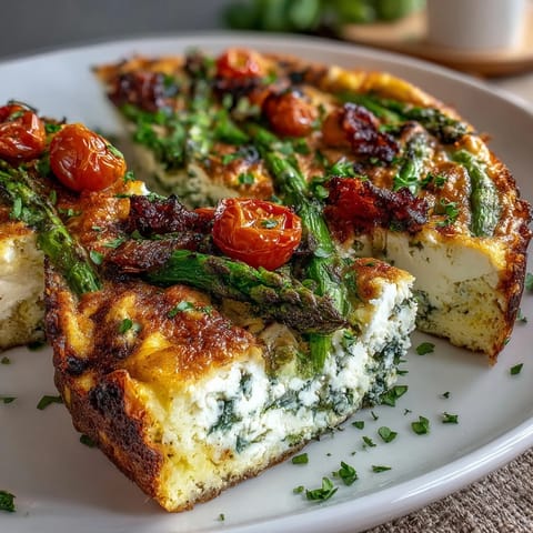 A vibrant spring frittata featuring fresh asparagus, zucchini, and spinach, topped with crumbled goat cheese and baked until puffed and golden.
