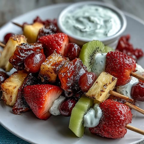 Colorful kid-friendly bento box with fruit skewers, creamy yogurt dip, and fresh veggie sides for a fun, nutritious lunch.