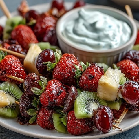 Vibrant fruit skewers and savory sandwich bites arranged in a playful bento box, perfect for school lunches or picnics.