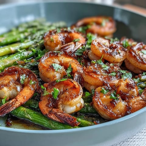 Healthy Easy One-Pan Lemon Garlic Shrimp and Asparagus with vibrant asparagus spears and juicy shrimp, all roasted in a bright, zesty lemon-garlic sauce.
