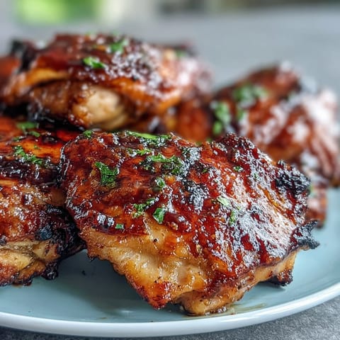 Juicy honey garlic grilled chicken thighs with a golden, sticky glaze, perfect for summer cookouts and backyard dinners.