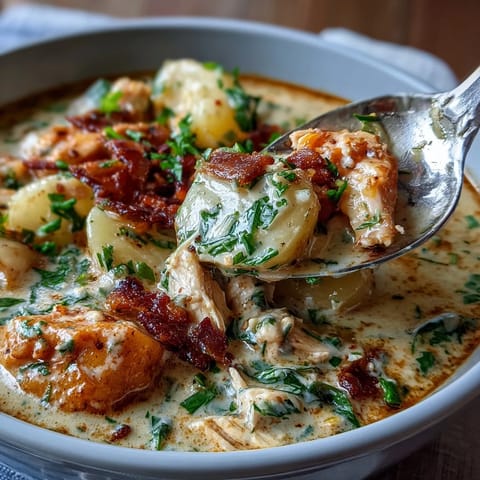 Slow Cooker Chicken Pot Pie Soup with tender chicken and hearty vegetables in a creamy, savory broth.