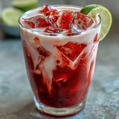Vibrant dragon drink refresher with coconut milk, dragon fruit, and strawberries in a frosty glass.