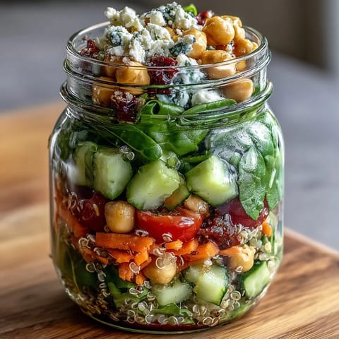 A colorful lineup of mason jar salads layered with quinoa, chickpeas, and fresh vegetables for healthy meal prep.