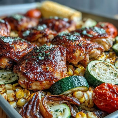 A colorful one-pan dinner of tender chicken, roasted zucchini, and caramelized corn, seasoned with smoked paprika and fresh herbs.  