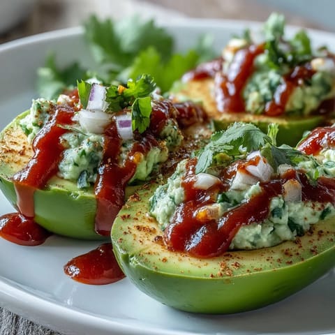 Creamy avocado deviled eggs with a spicy Sriracha drizzle, garnished with fresh cilantro for a vibrant appetizer.