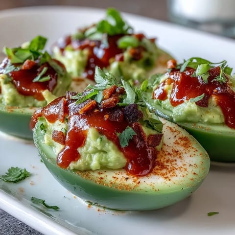 Vibrant green avocado deviled eggs topped with Sriracha sauce, paprika, and cilantro—perfect for healthy party snacks.