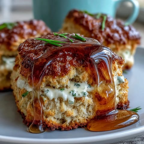 Golden scones sweetened with dandelion honey, served with rich clotted cream for a classic British afternoon tea treat.