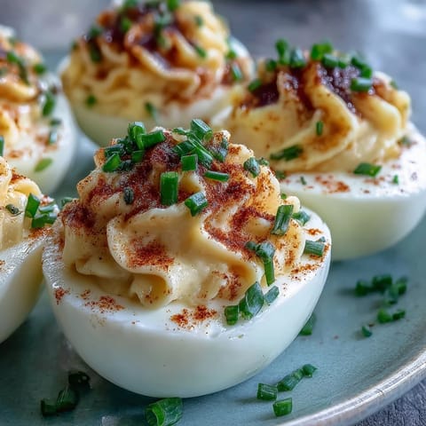 Classic deviled eggs with paprika and chives, a creamy appetizer with a tangy filling, perfect for picnics or holiday spreads.  