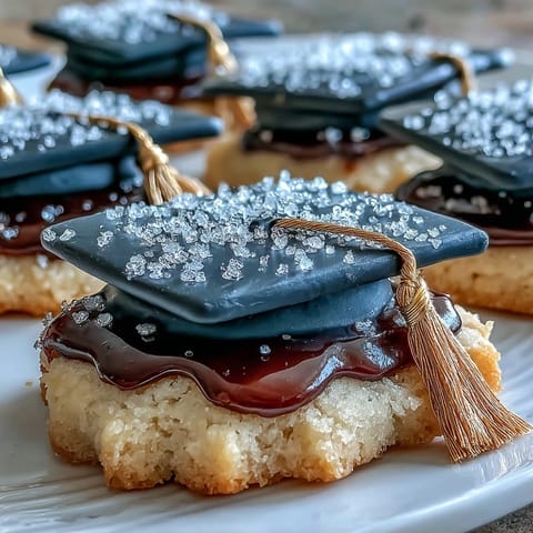 Graduation Cookies: diploma and cap shapes with shimmering gold icing detail.