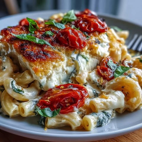 Creamy baked feta pasta with burst cherry tomatoes and fresh basil.