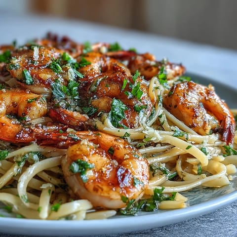 Perfect Shrimp Scampi Linguine in garlicky white wine sauce, ready to plate.