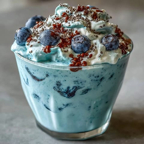Creamy probiotic kefir smoothie bursting with blueberries and healthy flaxseed.