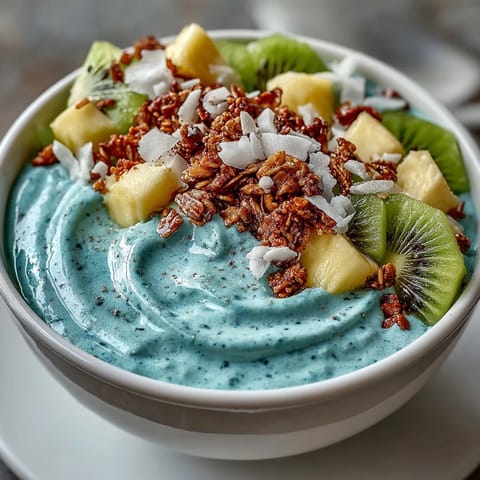Blue spirulina smoothie bowl bursting with vibrant tropical fruit toppings.