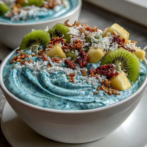 Creamy blue spirulina smoothie bowl, a refreshing breakfast topped with fresh fruit.