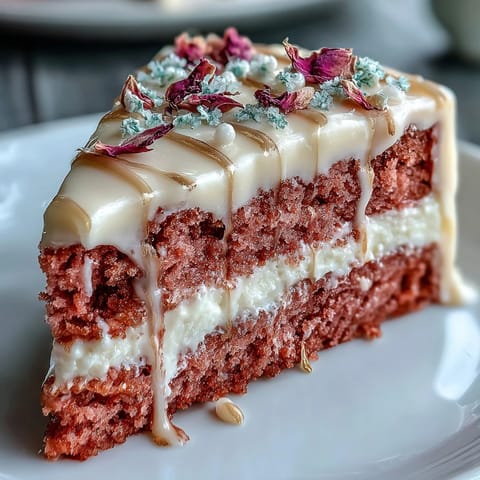 Elegant Rosé Velvet Cake, showered with glistening gold and creamy frosting.